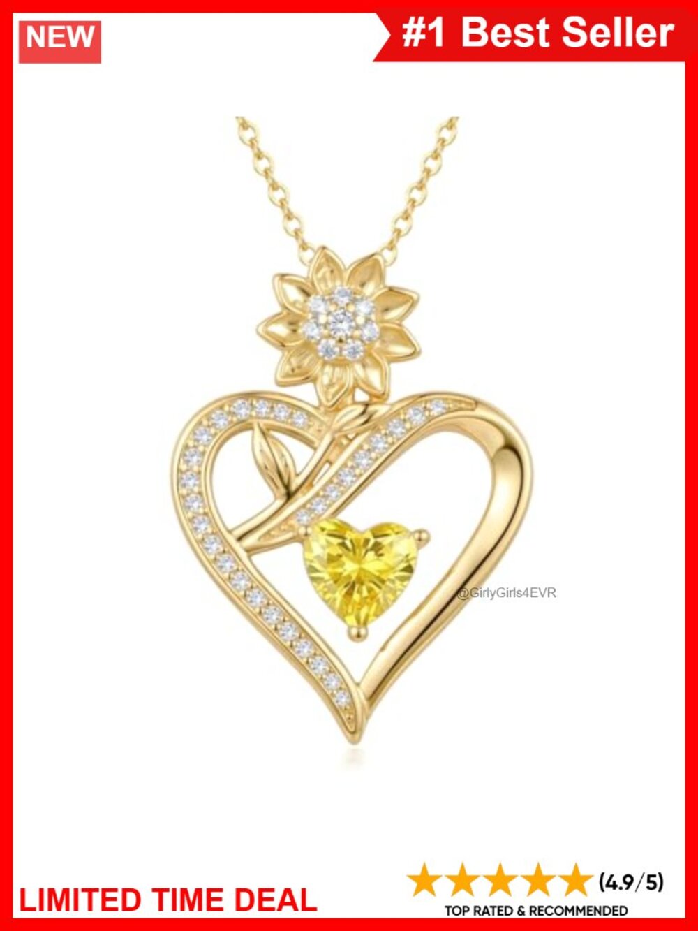 14K Gold Plated Sunflower Heart Birthstone Pendant Necklace